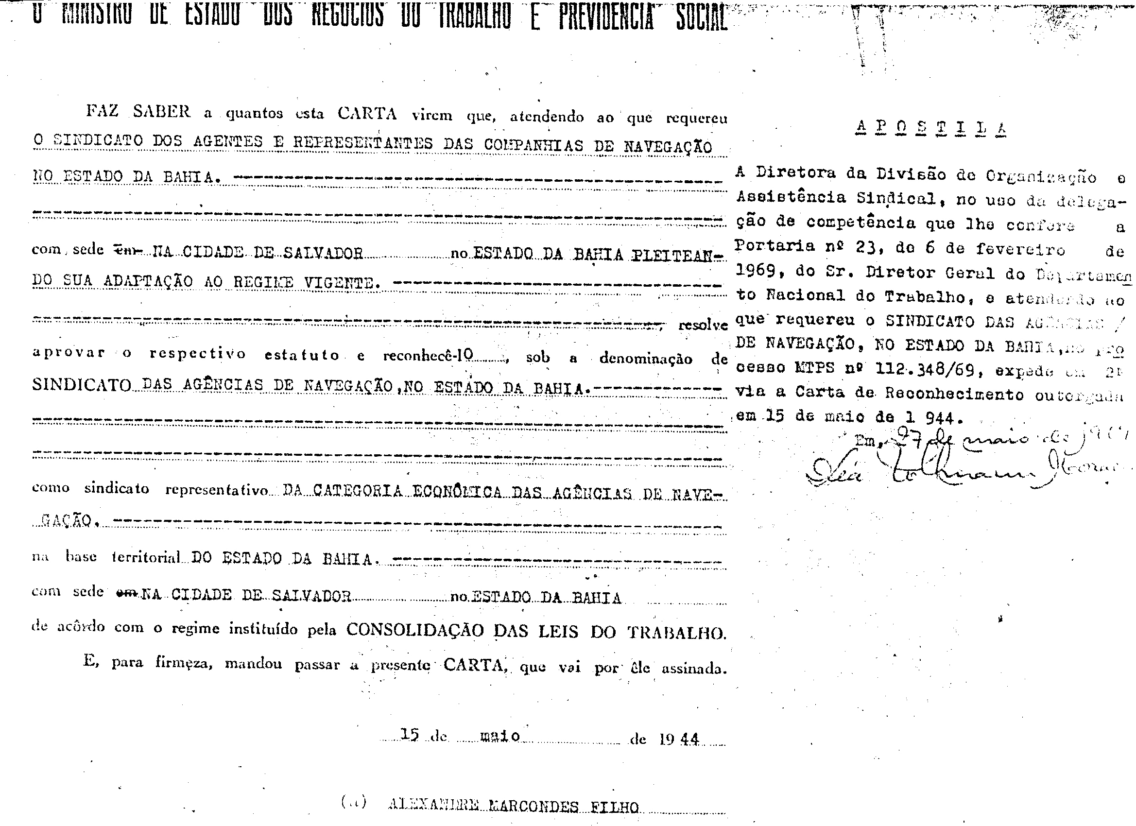 Segundo diploma sindical, datado de 15 de maio de 1944