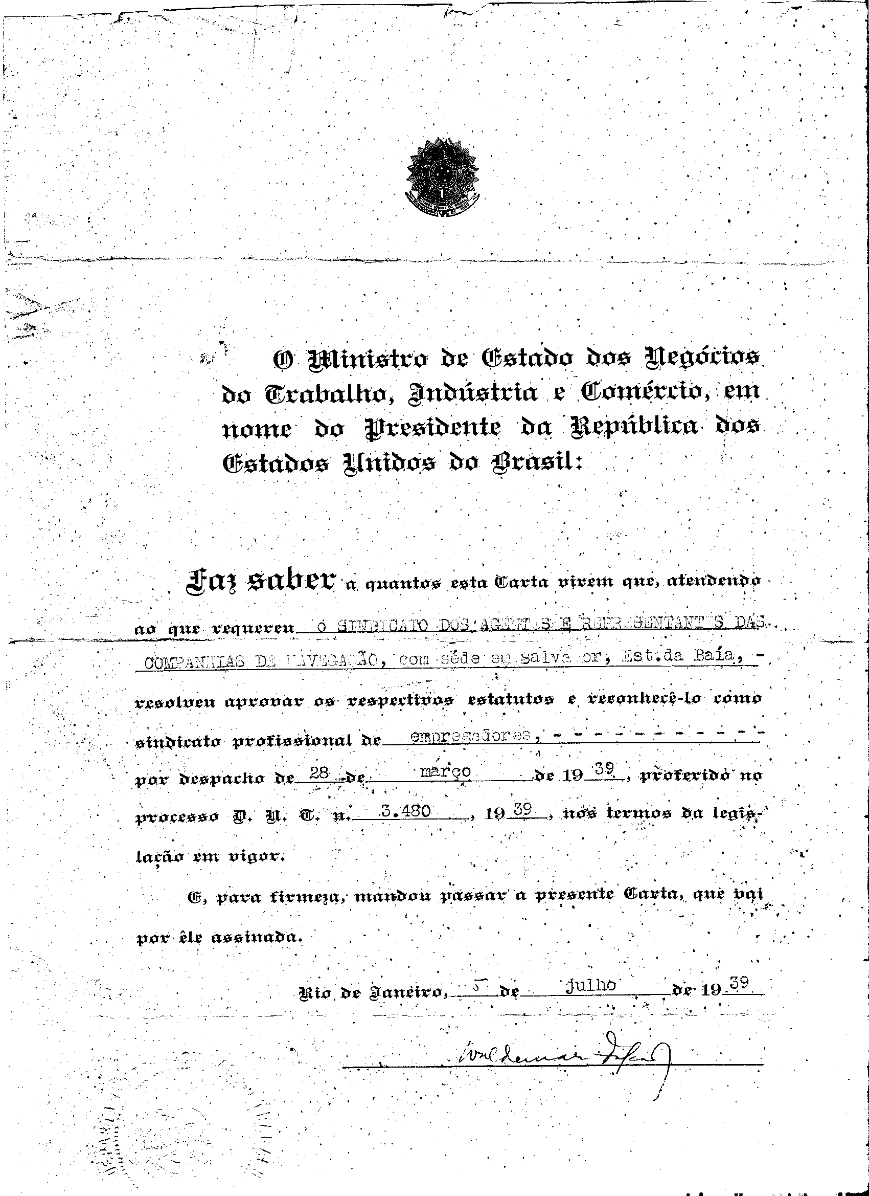 Carta sindical de 5 de julho de 1939, registro oficial do primeiro sindicato da categoria no Brasil